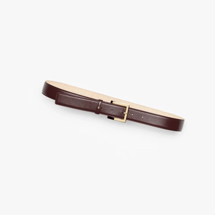 Brown belt with a gold buckle on a white background